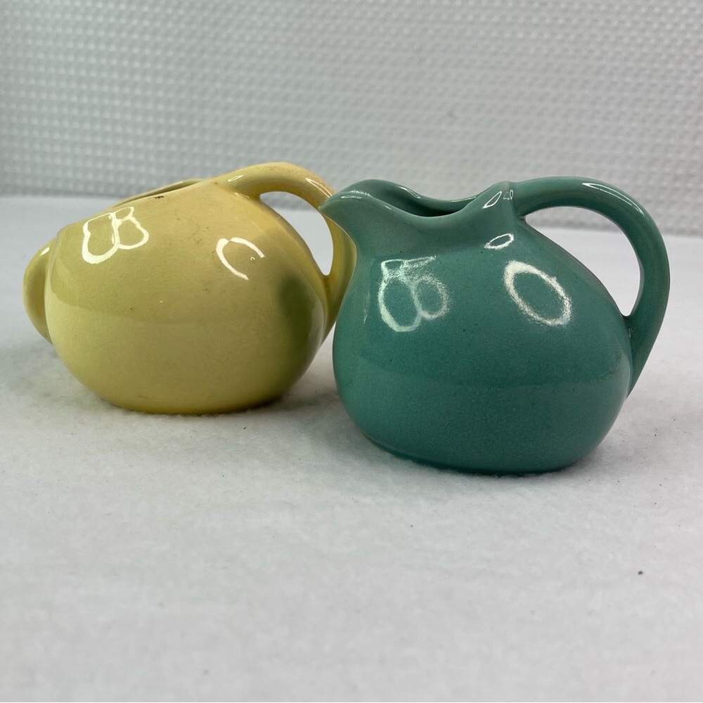 Vintage MCM Ceramic Yellow Sugar Bowl & Turquoise Blue Creamer Jug Ball Pitcher